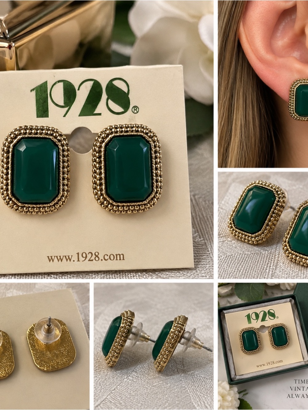 1928 14 K Gold Dipped Emerald Green Octagon Beaded Stud Earrings
